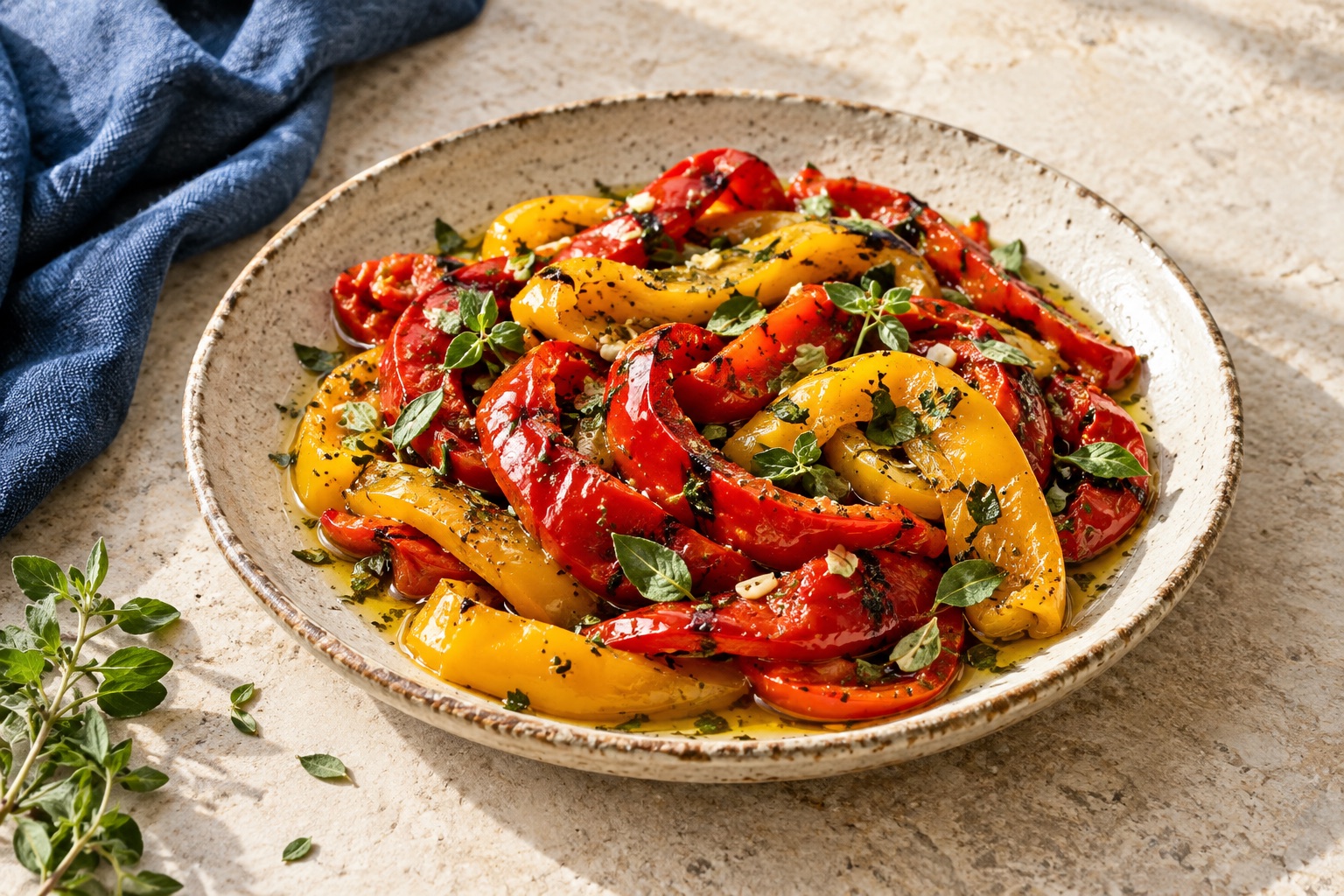 Platte mit marinierten roten und gelben Paprika